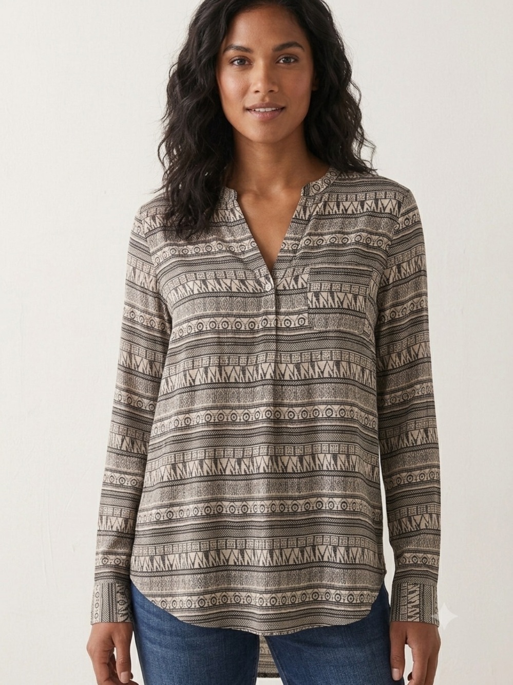 Only Taupe and Black Aztec-Print V-Neck Long-Sleeve Blouse